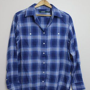 Lauren by Ralph Lauren Women's M Blue Plaid Collared Roll Tab Sleeve Button-Up